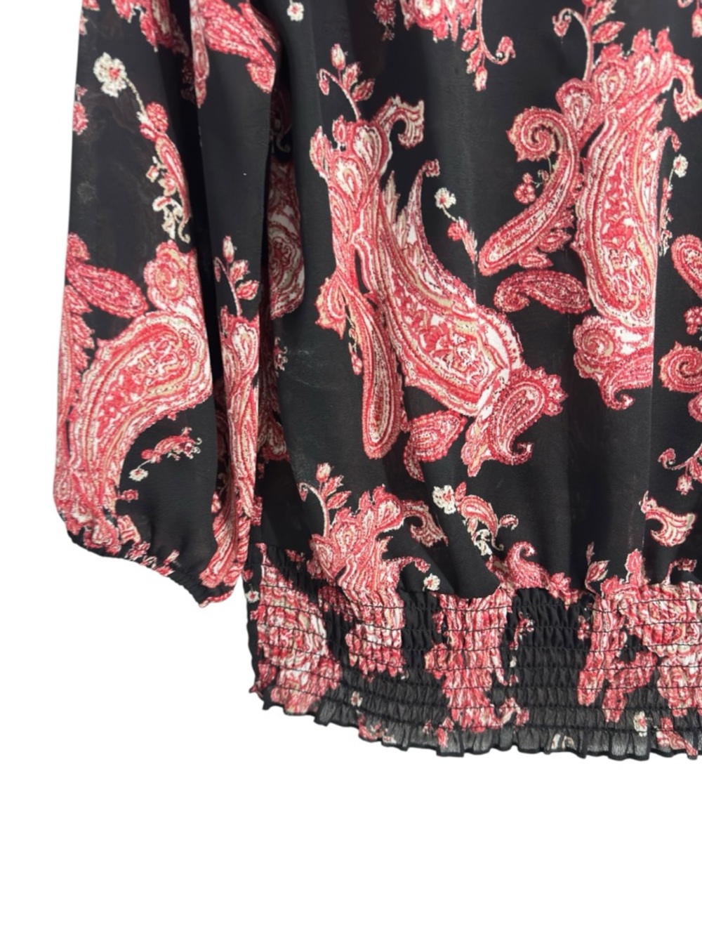 Cato Womens Large Black Red Paisley Blouse 3/4 Sleeve Smocked Hem Boho Top - Picture 5 of 12